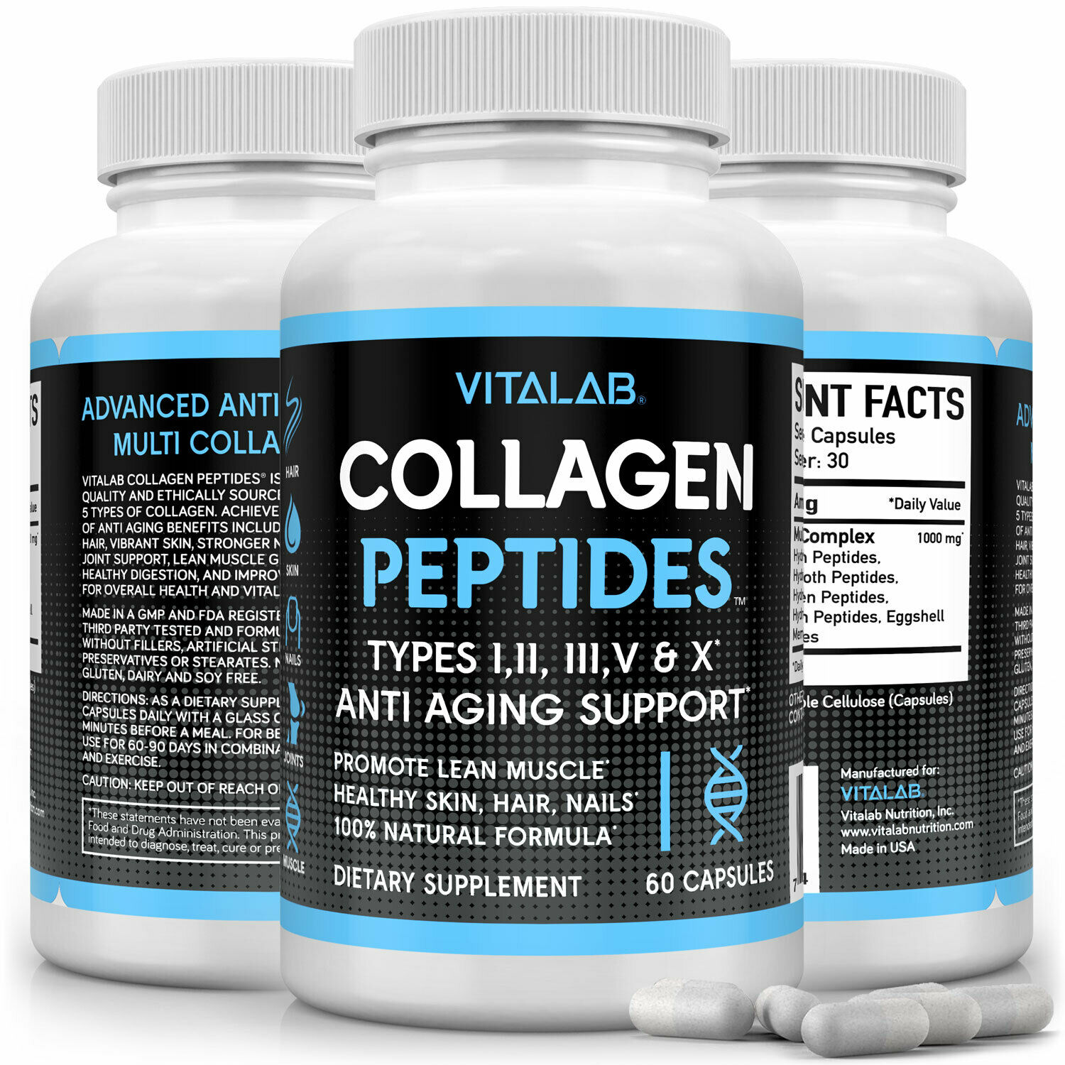 100% Natural Multi Collagen Peptides Anti Aging Skin Collagen Pills 60 Capsules
