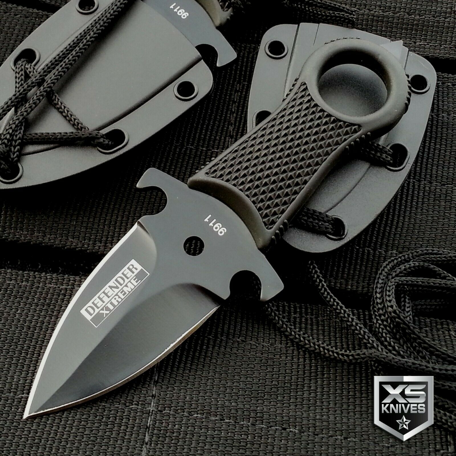 5" Full Tang Survival Black Tactical Hunting Fixed Blade Neck Knife + Sheath
