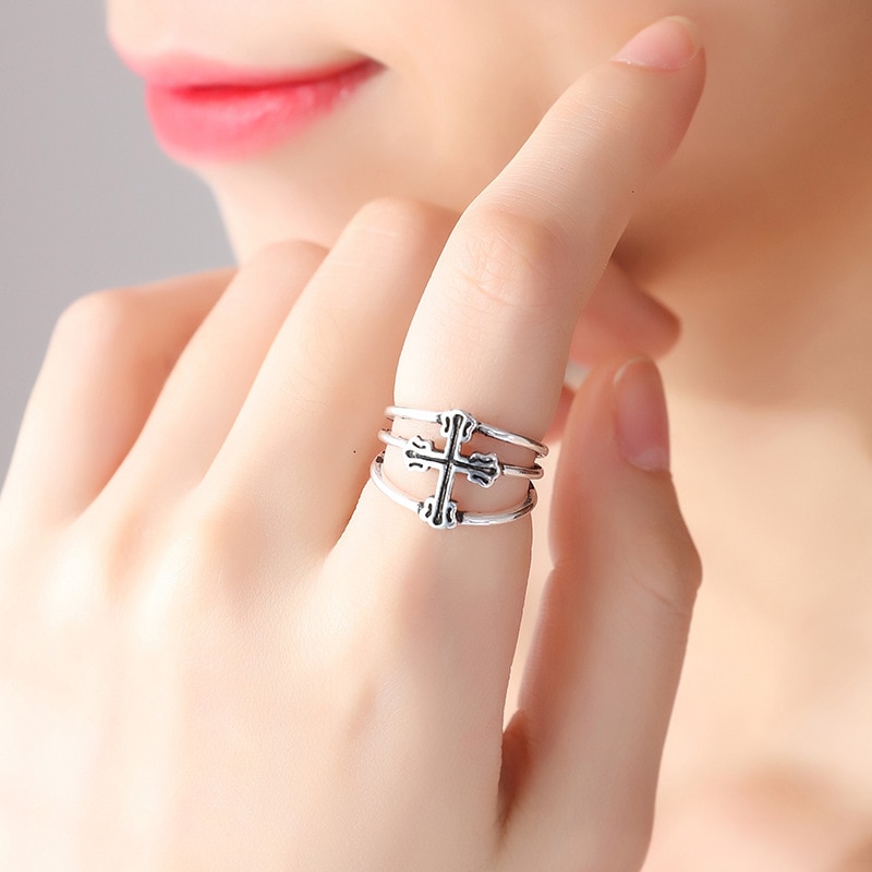 Bijoux Fashion Real Silver Color Cross Rings for Women Boho Adjustable Antique Rings Anillos