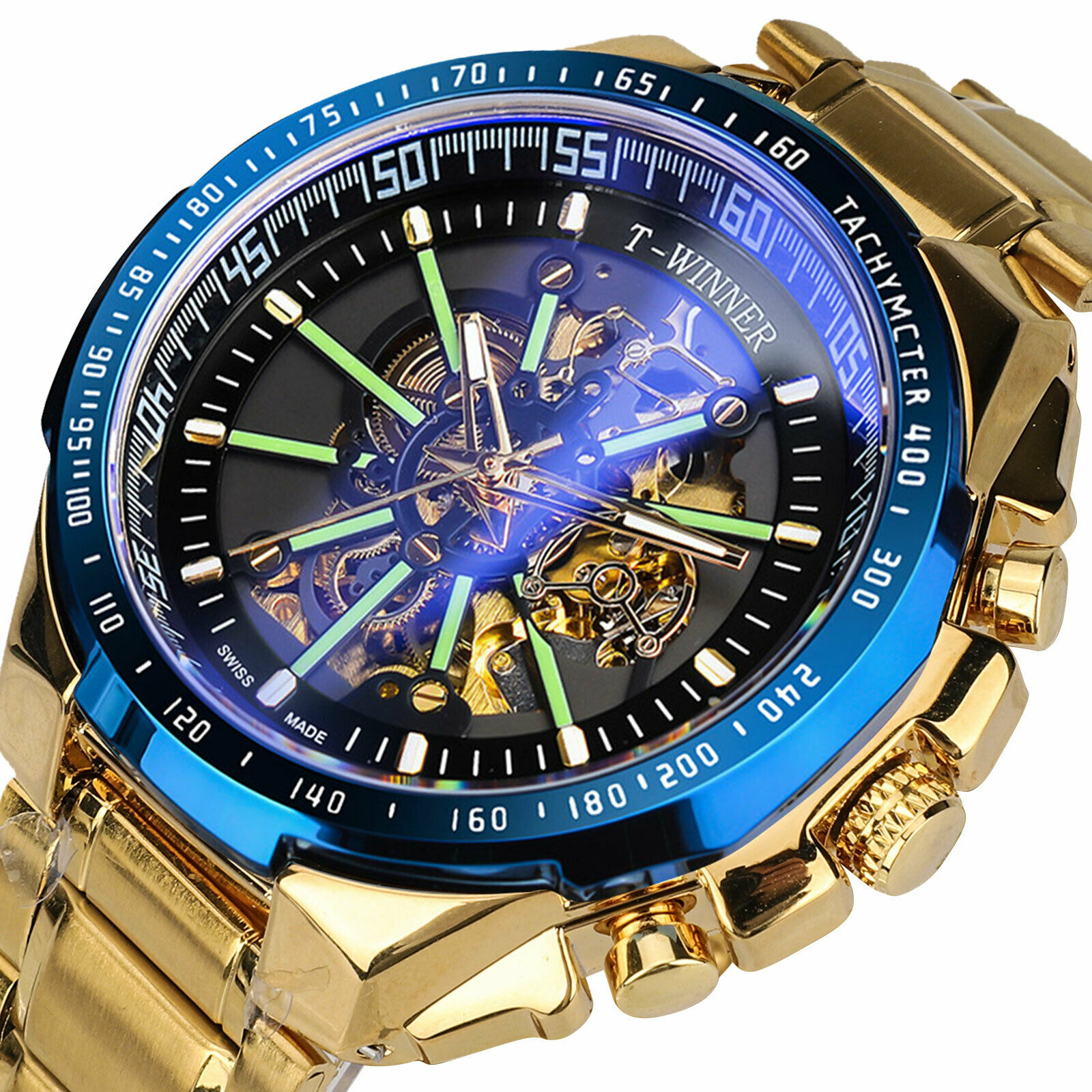 Luxury Men's Stainless Steel Skeleton Gold Tone Automatic Mechanical Wrist Watch