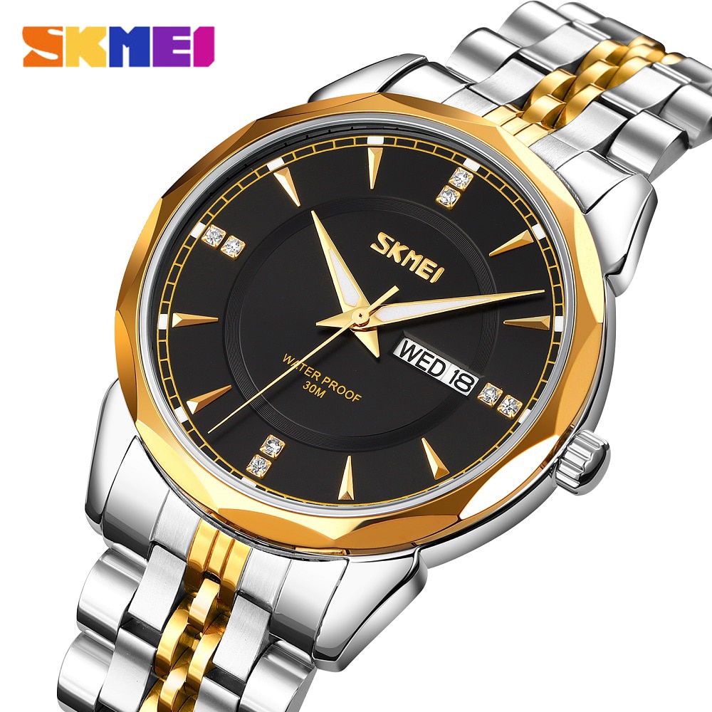 SKMEI Luxury Gold Men Quartz Stainless Steel Casual Wrist Watch Top Brand Mens Watches Waterproof Dress Watch Relogio Masculino