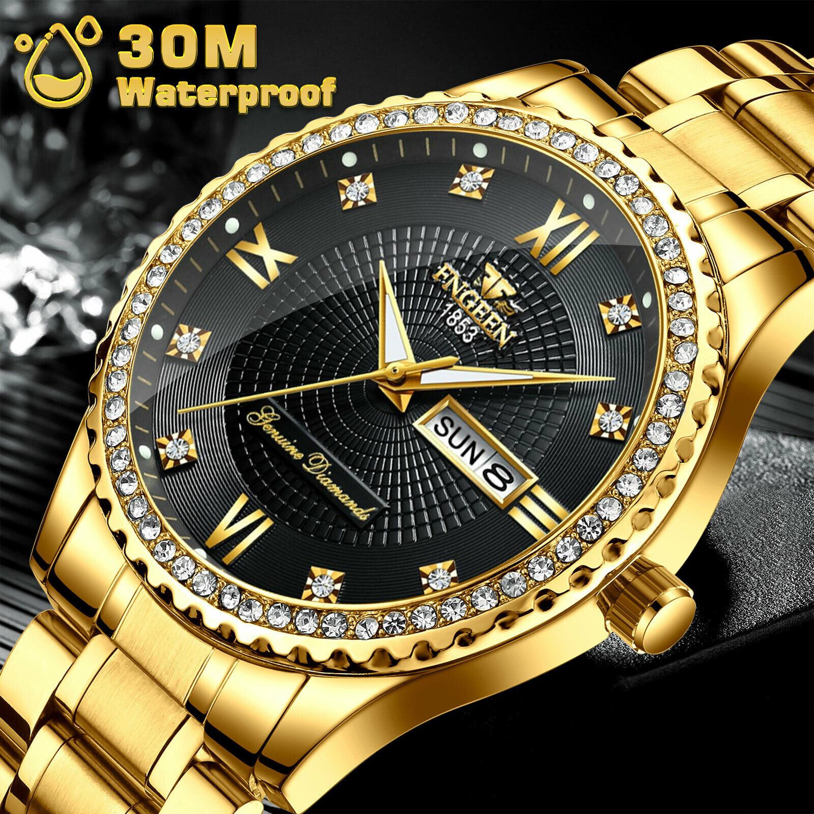 Waterproof Men Diamond Gold Quartz Watch Stainless Steel Relojes Hombre Business