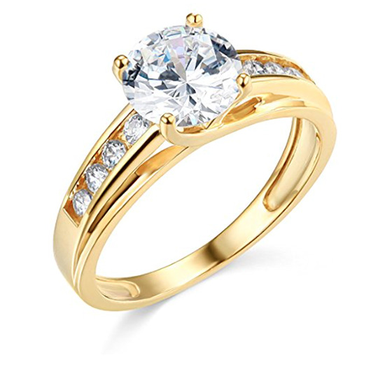 3 Ct Round Real 14K Yellow Gold Simulate Diamond Engagement Wedding Ring Trellis