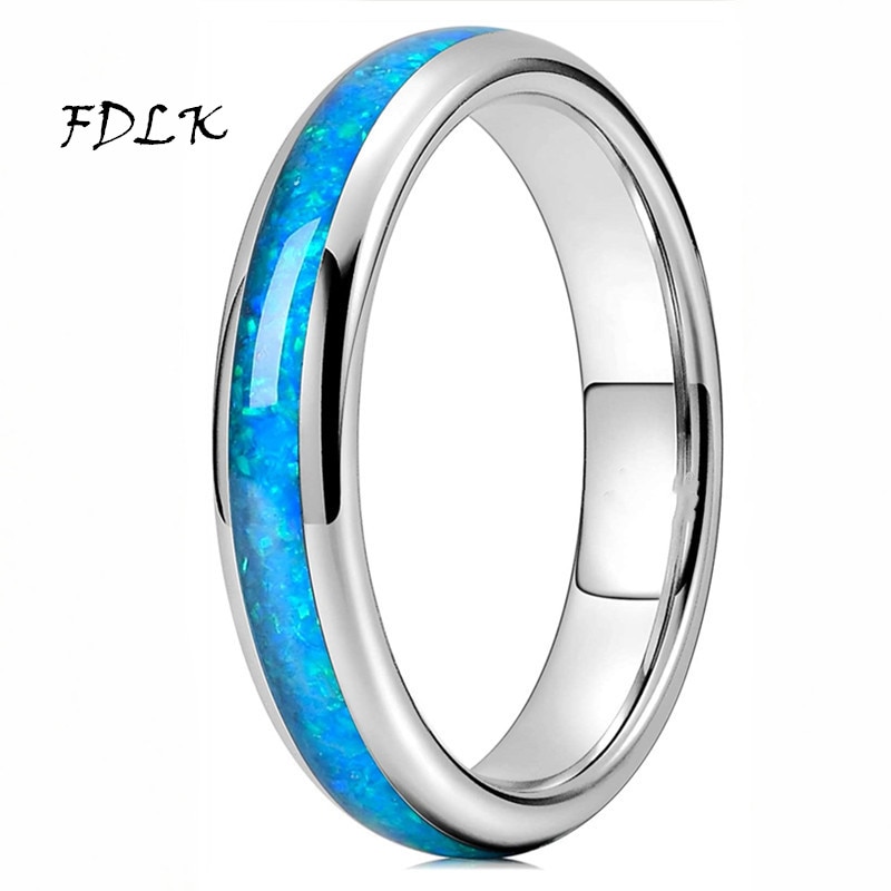 4mm Rings For Men Women Stainless Steel Ring Blue Fire Opal Inlay Luxury Wedding Band Engagement Rings Jewelry anillos mujer