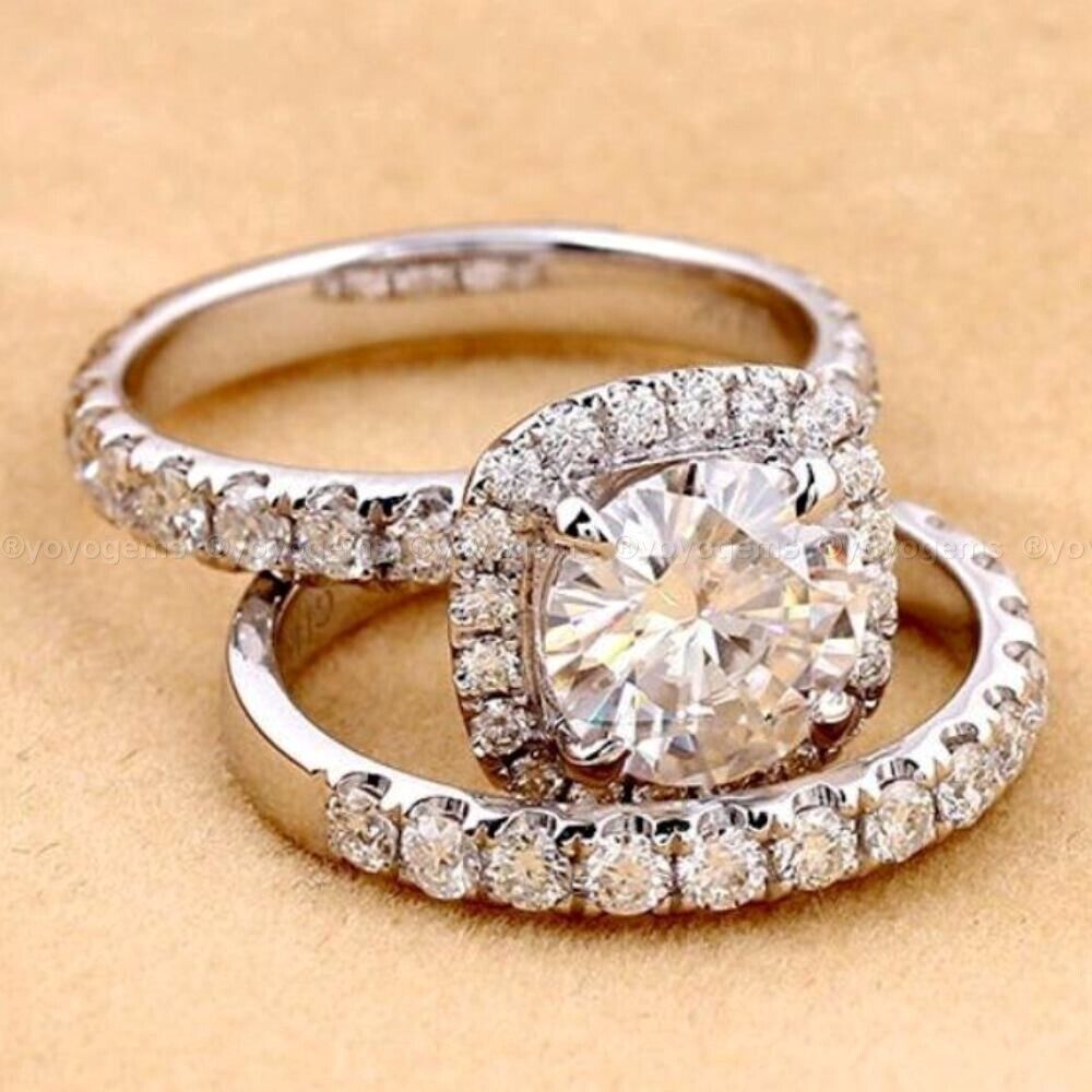 Bridal Set Moissanite Engagement Ring Solid 14k White Gold 3.00 Carat Round Cut