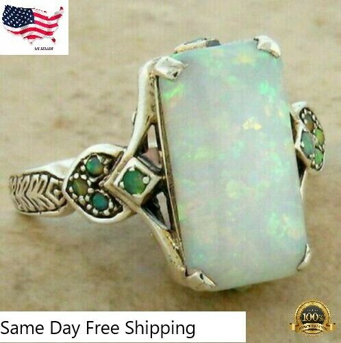 Fashion Silver Plated White Fire Opal Ring Women Jewelry Size 6-10 Simulated