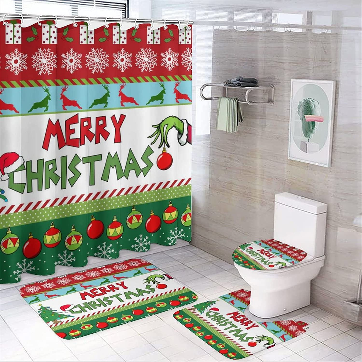 Grinch Merry Christmas Bathroom Sets, Shower Curtain Sets. Gift Idea For Holiday