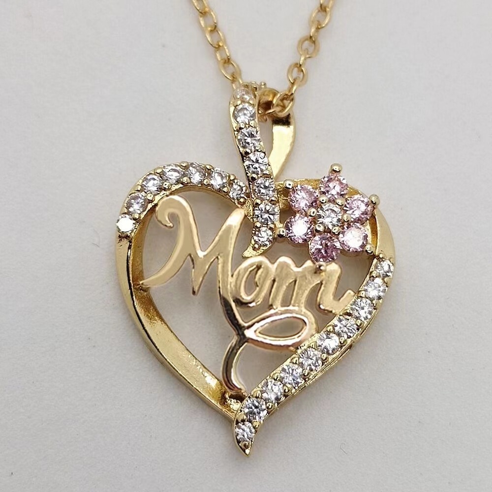 Luxurious Heart-shaped Women's Necklace Gold Flower Mom Diamond Set Zircon Crystal Pendant Mother's Day Gift Jewelry Accessories