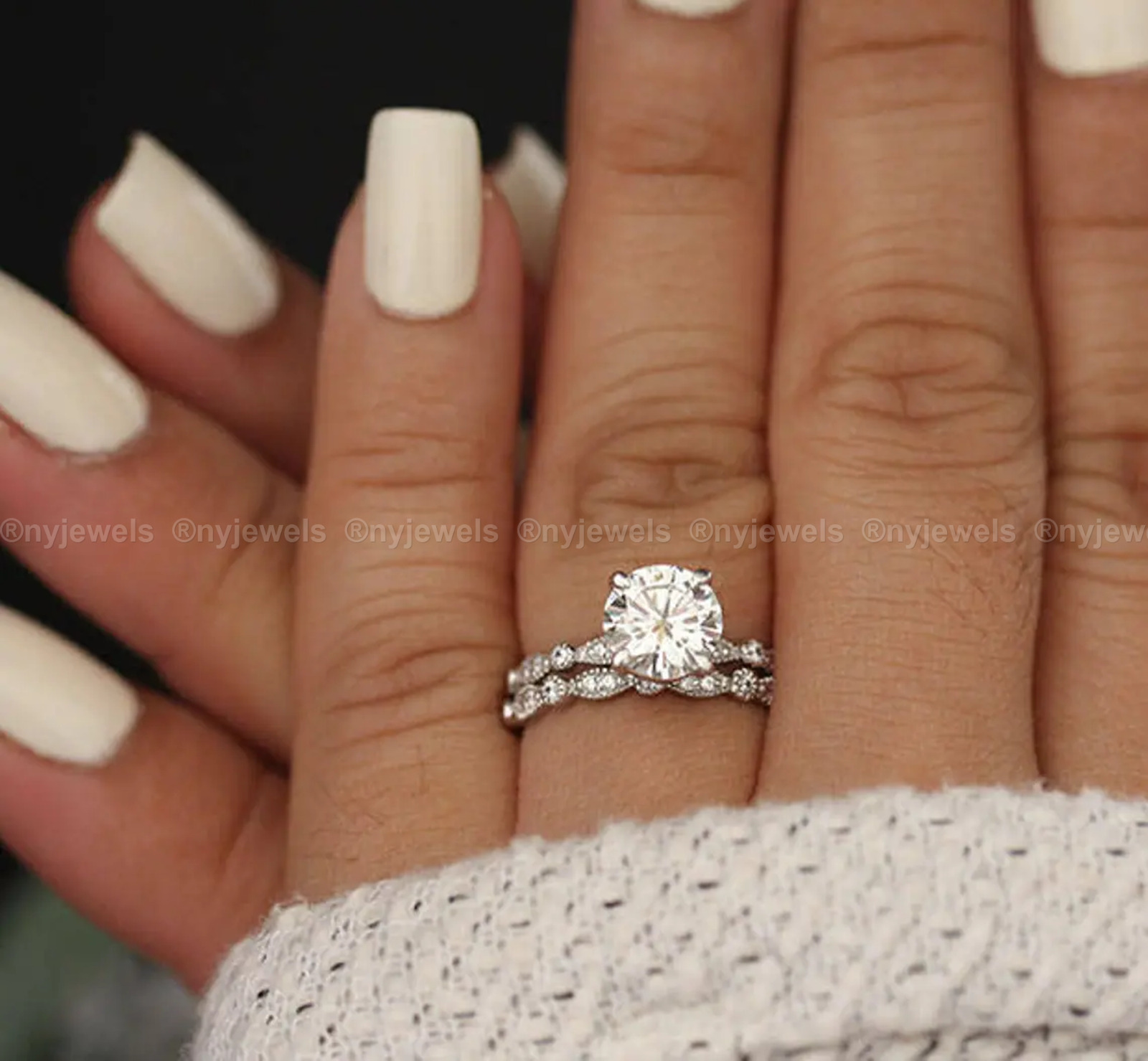 Moissanite Bridal Set Engagement Ring 2.50 Carat Round Cut Solid 14k White Gold