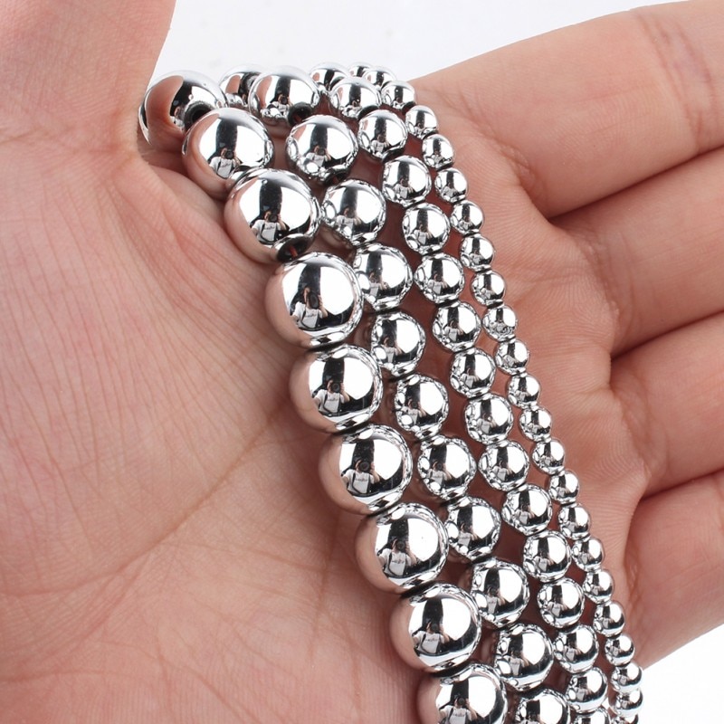 Natural Stone Silver Color Hematite Loose Spacer Beads For Jewelry DIY Making Bracelet Accessories 15'' Pick Size 3 4 6 8 10mm