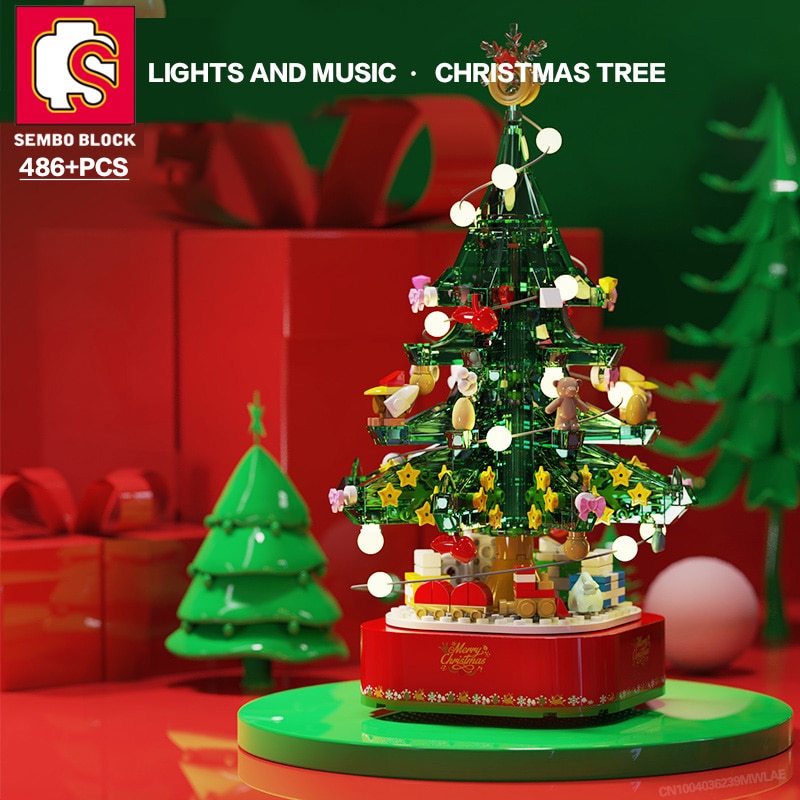 SEMBO BLOCK Christmas Tree Music Box Building Blocks Rotate Lighting DIY Mini Play Kits Idea Gifts Toys Children Adults