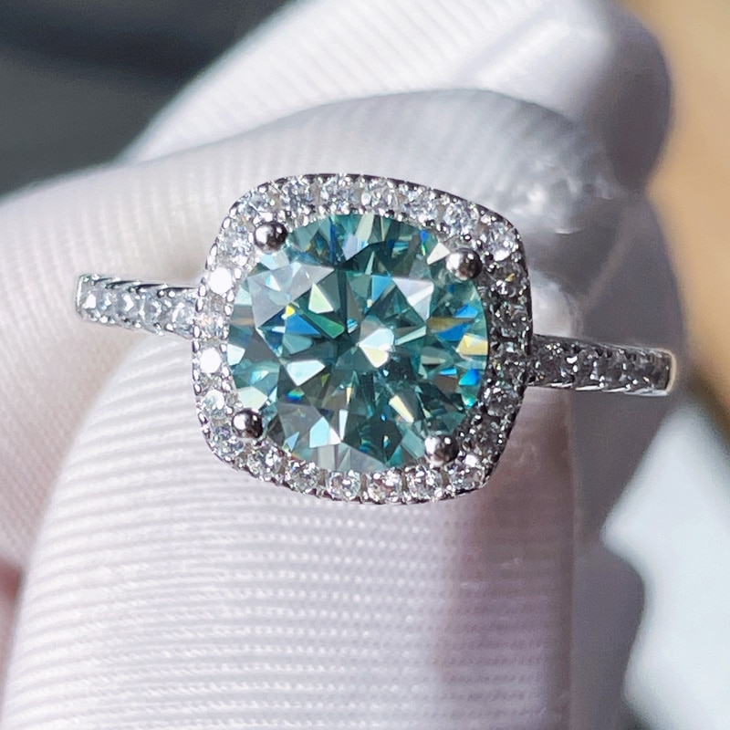 Wholesale Blue-green Moissanite Ring For Women Sterling Silver Plated 14K White Gold Bridal Jewelry