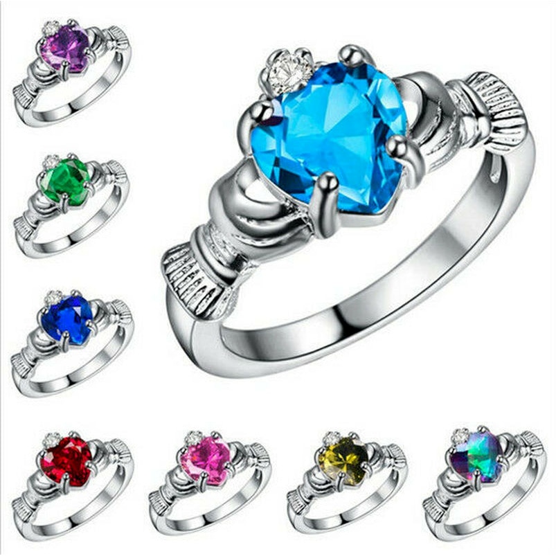 Women Silver Color Zircon Crown Wedding Engagement Claddagh Ring Size 6-10